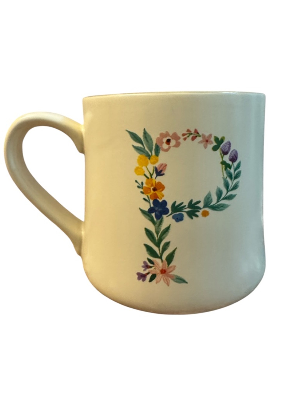 2/$18 Indigo Cream Ceramic Coffee Monogram Mug with Floral Letter P